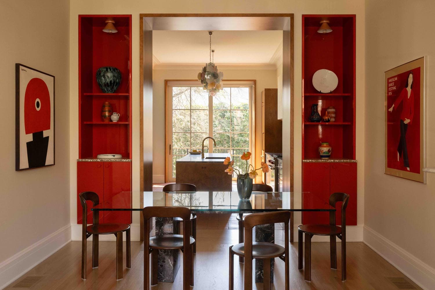 witness locations orley house boerum hill brooklyn dining room red lacquer niches glass table