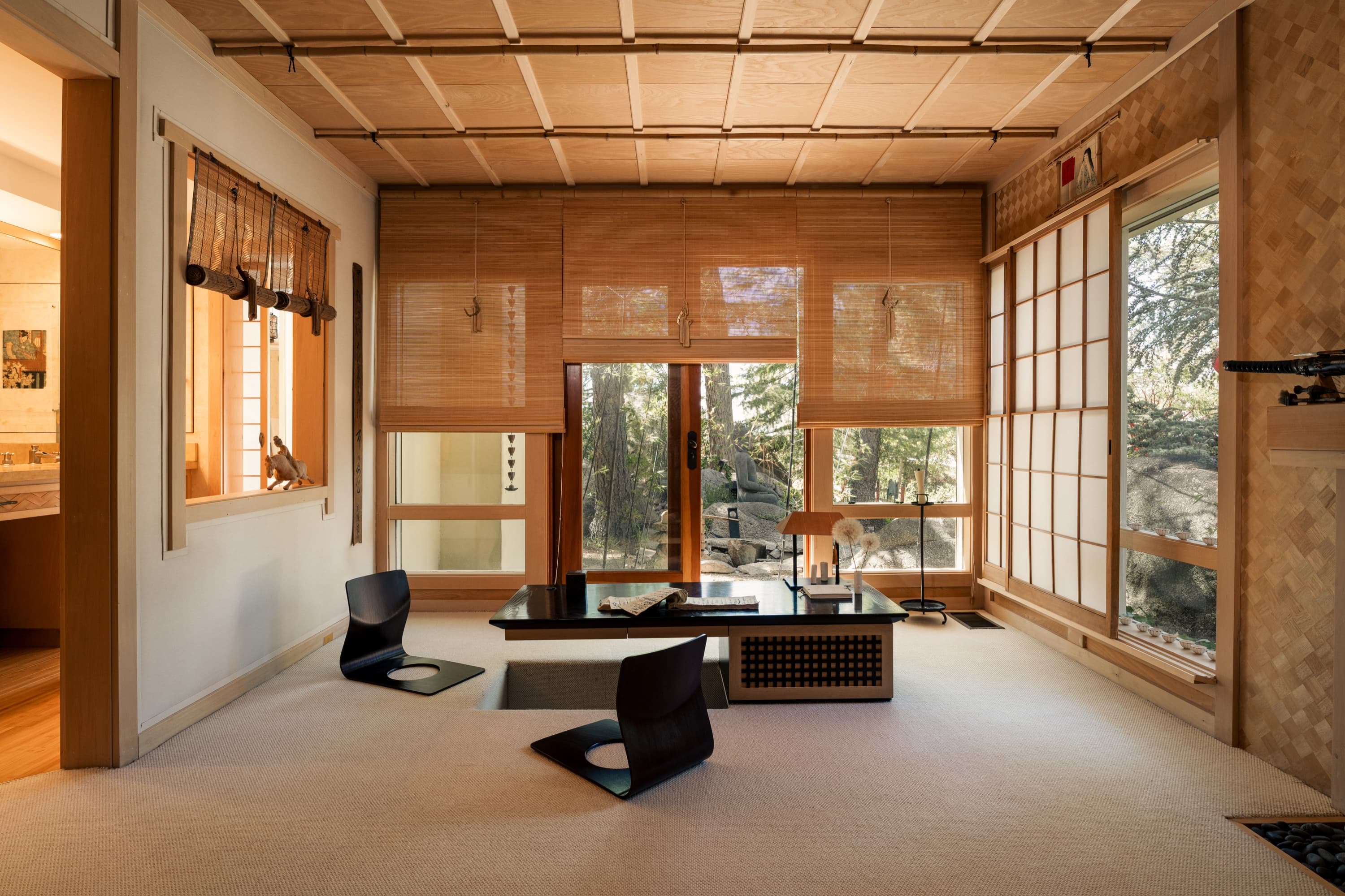witness locations chalet tournesol idyllwild california japanese sitting room sunken kotatsu table shoji screens bamboo blinds