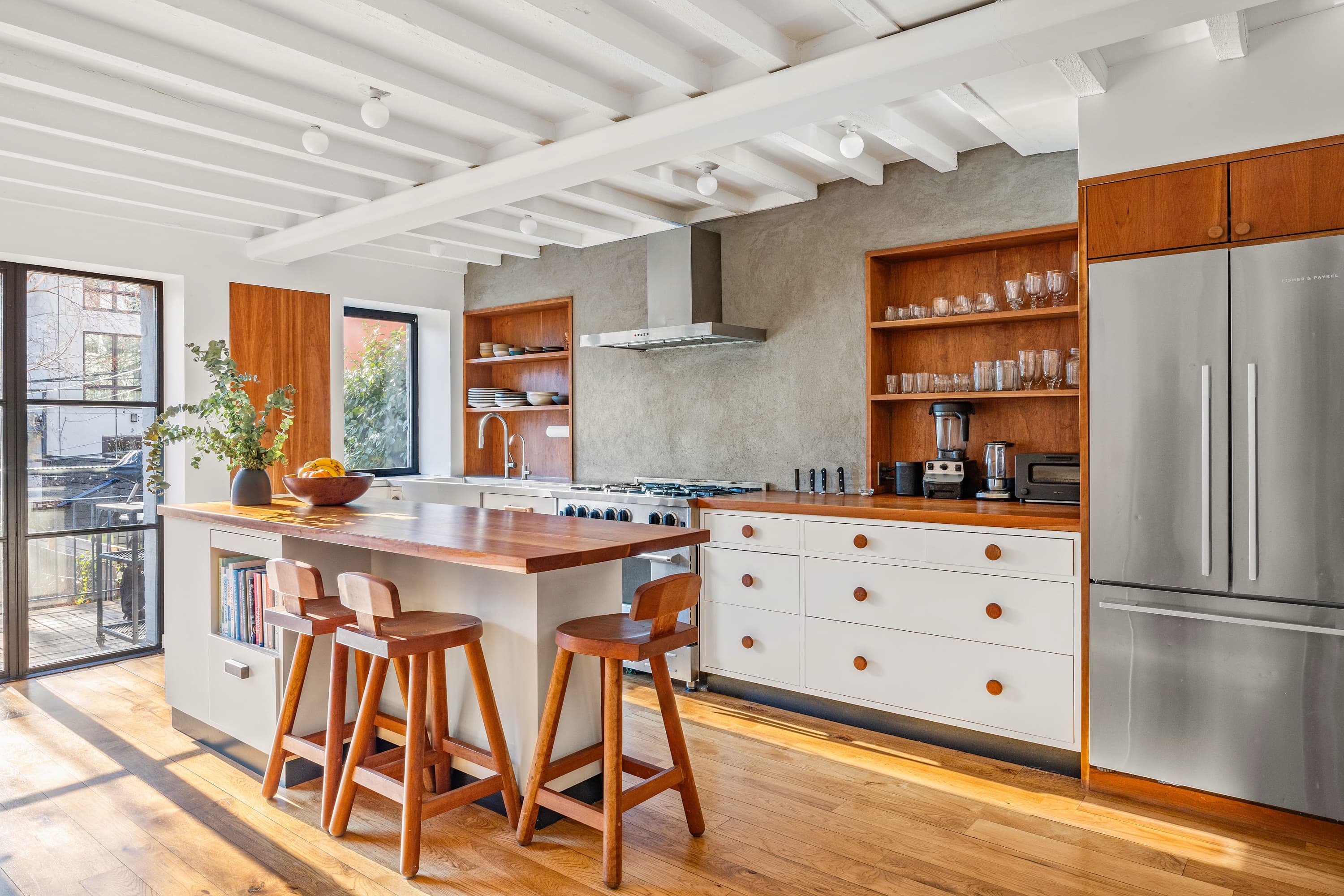 witness locations bergen street modern boerum hill brooklyn kitchen open plan wood island beamed ceiling