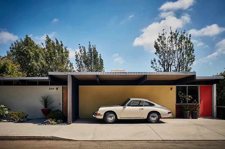 witness locations hailey residence hollywood hills los angeles carport porsche midcentury facade red door