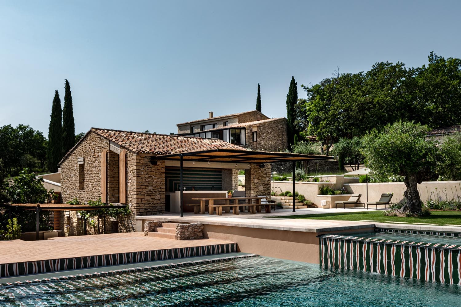 witness locations les hauts de gordes gordes provence stone farmhouse infinity pool cypress trees
