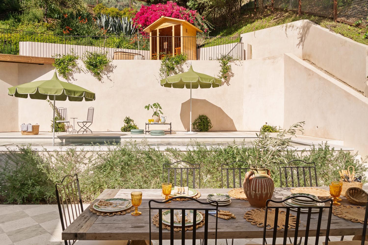 witness locations mandeville ranch revival mandeville canyon los angeles patio dining table pool cabana umbrellas
