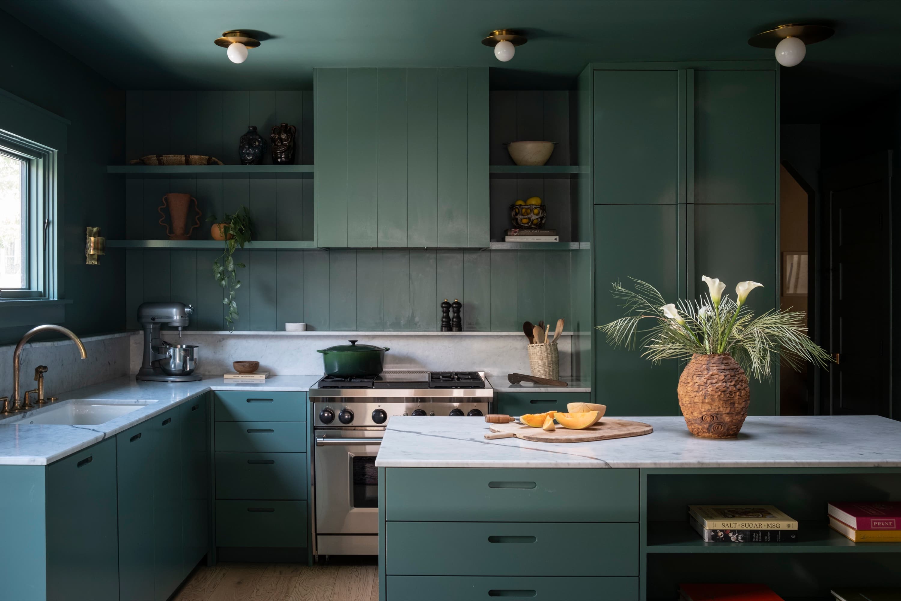 witness locations bowling house west hollywood los angeles kitchen green cabinetry marble island