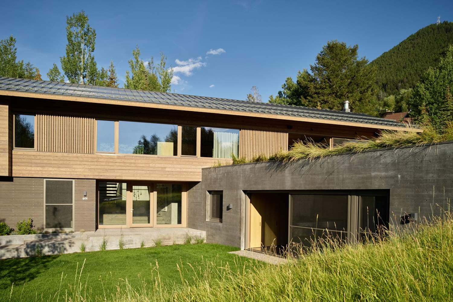 witness locations teton modern jackson hole wyoming exterior cedar two story green roof lawn