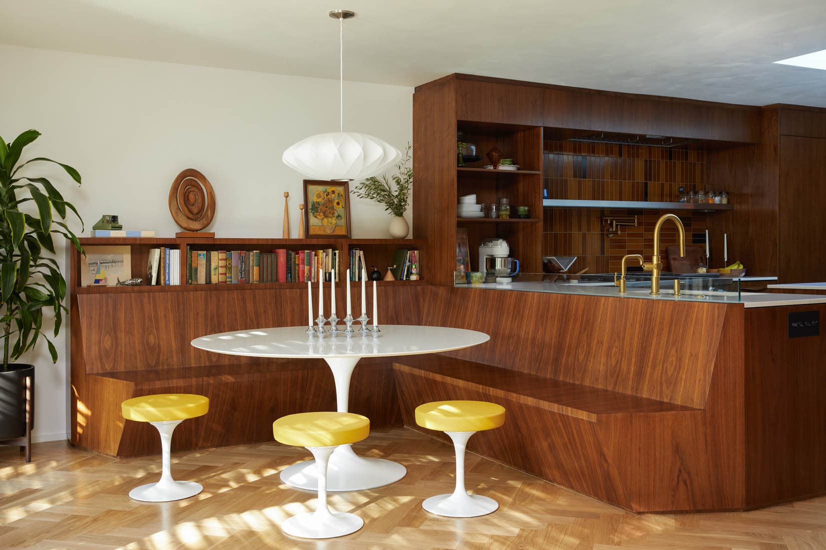 witness locations merck house granada hills los angeles kitchen tulip table yellow stools walnut cabinets