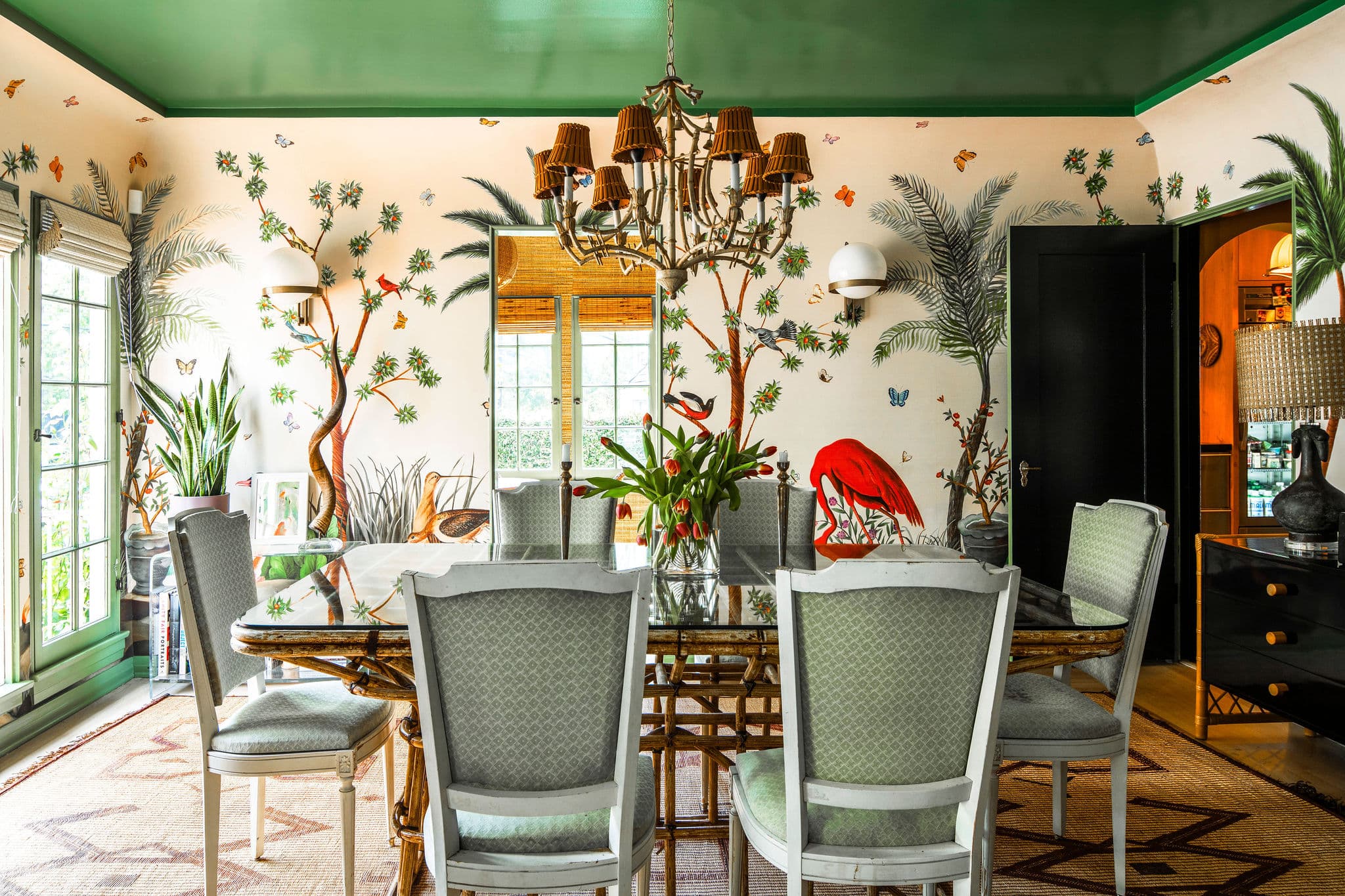 witness locations casa corazon hollywood hills los angeles dining room botanical mural bamboo table chandelier
